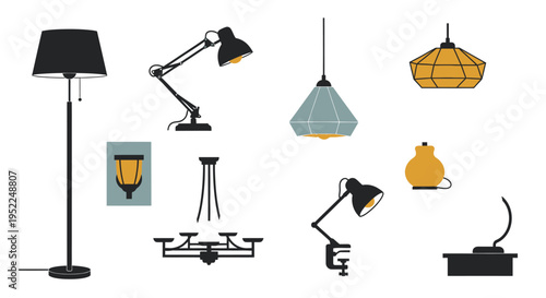 Variety of modern lamps and lighting fixtures on transparent background silhouette
