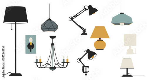 Collection of various lamp designs in a flat style silhouette on transparent background