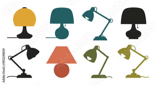 Collection of various desk lamps in different styles on transparent background silhouette