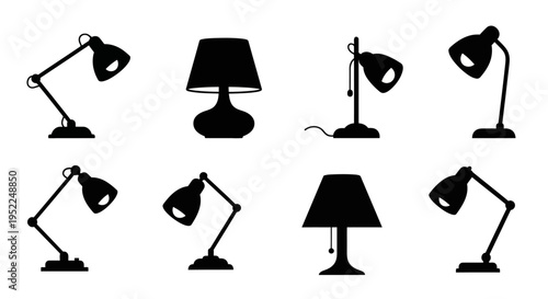 Collection of various desk lamps in black silhouette on transparent background