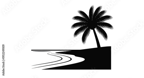 A minimalist black silhouette of a palm tree and ocean landscape