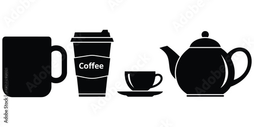 “Silhouette collection of coffee mug, disposable cup, teacup with saucer and teapot representing hot beverage drinkware flat vector illustration”