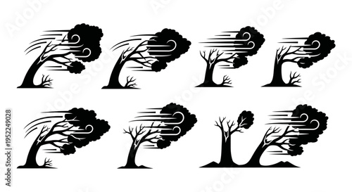 Black trees bending in a strong wind a dramatic silhouette on transparent background