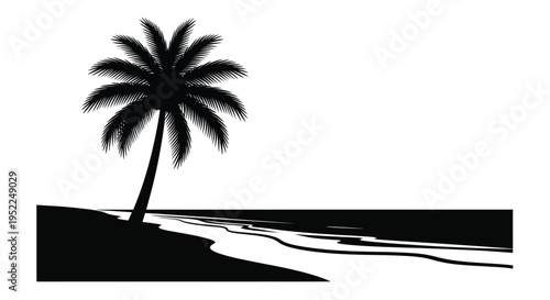 A silhouetted palm tree and ocean waves against a white background