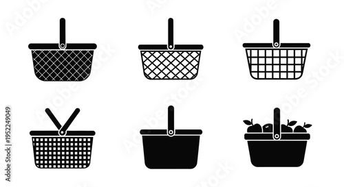 A collection of six black and white picnic basket icons in varying styles
