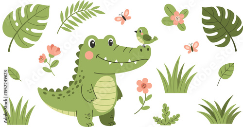 Cute Alligator with Tropical Plants, Butterflies, and Flowers in a Jungle Nature Scene IllustrationCute Alligator with Tropical Plants, Butterflies, and Flowers in a Jungle Nature Scene Illustration