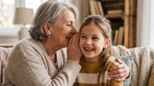 Grandmother whispering into ear of smiling girl