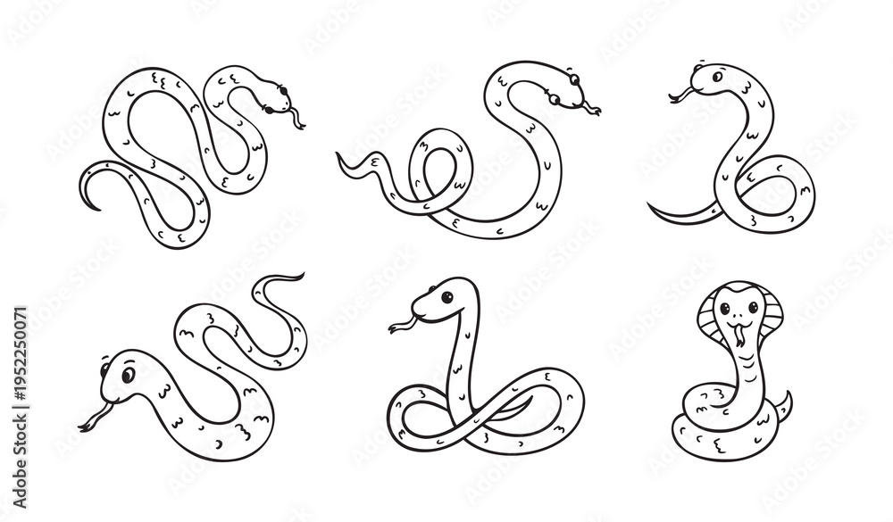 Fototapeta premium Hand drawn cute outline simple snake children coloring book set. Kind doodle snake smile isolated on white background.