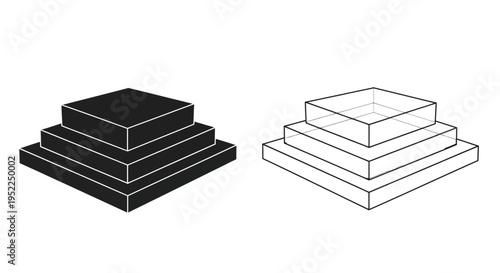Black and white illustration of stacked square platforms or boxes