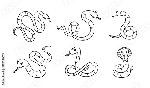 Hand drawn cute outline simple snake children coloring book set. Kind doodle snake smile isolated on white background.