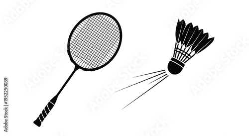 Black and white illustration of a badminton racket and shuttlecock