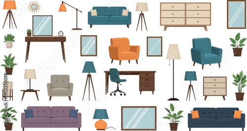 A comprehensive collection of modern home furniture and decor items, including sofas, chairs, lamps, and plants, on a clean white background.