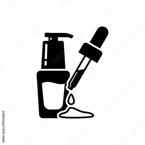 A black silhouette depicts a pump bottle and dropper with a single falling drop silhouette