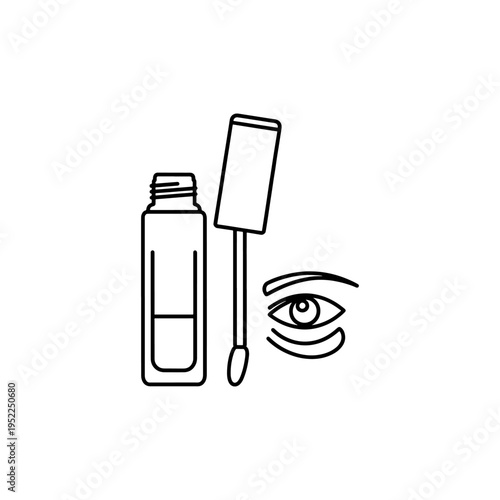 A cosmetic bottle applicator and stylized eye are depicted in a stark black outline silhouette