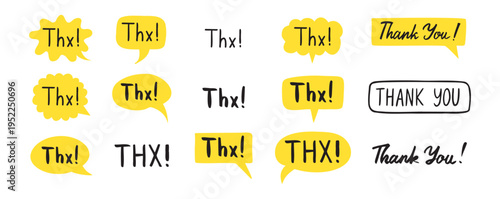 THX speech bubble yellow bright set. Thank you hand drawn quote text. Doodle thx phrase.