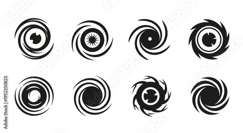 Eight swirling vortex designs a modern graphic element silhouette on transparent background