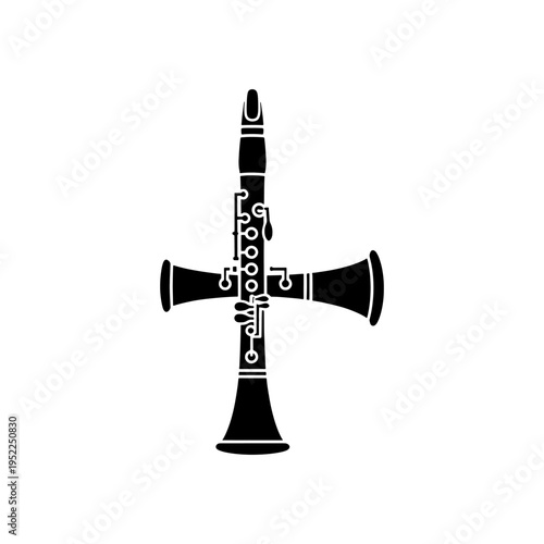 A striking black silhouette of a clarinet showcasing its complex key system silhouette