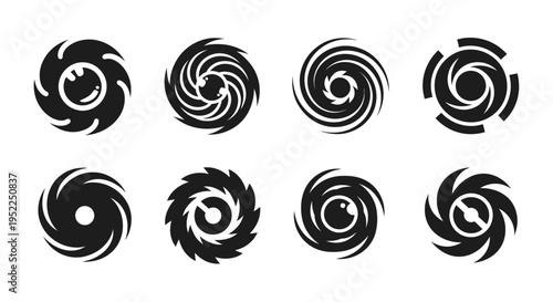 Eight swirling abstract shapes arranged in a grid on transparent background silhouette