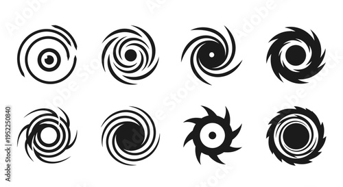 Collection of swirling vortex shapes in black ideal for design on transparent background silhouette