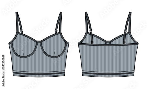 Retro Varsity Athleisure. Ribbed Underwire Bustier Technical Fashion Illustration. Retro Athleisure Inspired Crop Top with Structured Cups Vector Template Apparel CAD Mockup.
