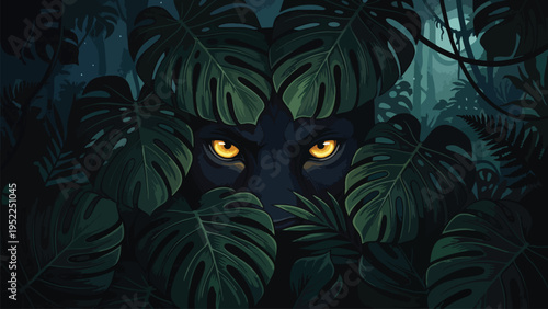 Mysterious Jungle Predator Eyes Hidden in Lush Foliage, Wildlife Threat Concept