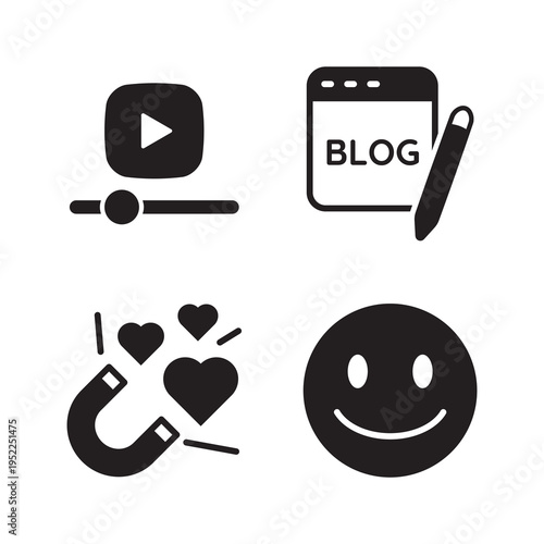 Blogging and Video Content Marketing Glyph Vectors