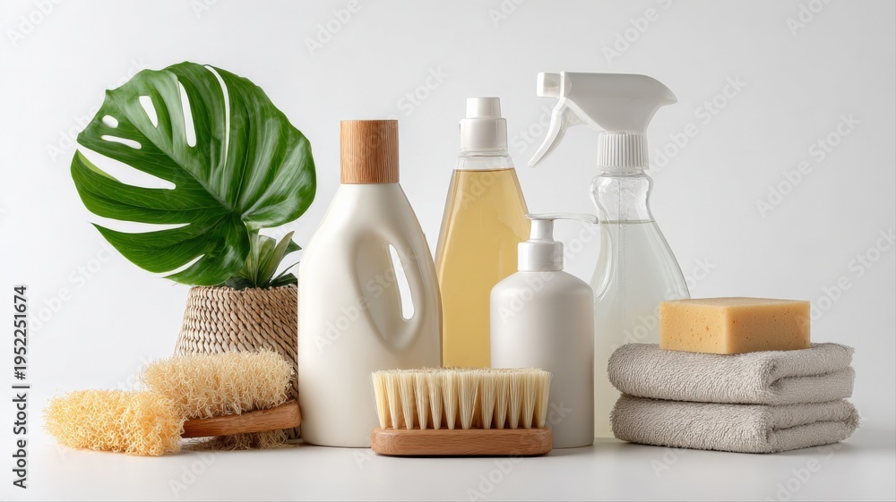 Naklejka premium Eco-Friendly Cleaning Product Still Life: Natural Household Cleaners with Plant Accents on White Background