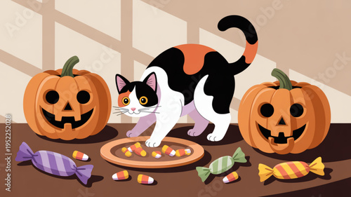 Curious calico cat sniffing halloween candy surrounded by jack o lanterns on a table indoors