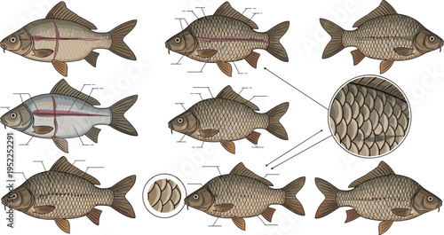 Fish Anatomy and Scale Detail Vector Set Featuring Labeled Fish Structure, Internal Organs, and Close Up Scale Texture Illustration for Biology Study