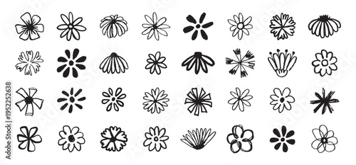 Flowers grunge brush doodle blossom icons set. Flowers Scribble ink hand drawn brush. Chamomile flowers markers crayons icons 