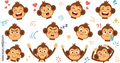 Cute Cartoon Monkey Emoji Face Set with Funny Emotions, Expressions, Hearts, Stars and Playful Kawaii Character StickersCute Cartoon Monkey Emoji Face Set with Funny Emotions, Expressions, Hearts, Sta