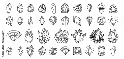 Mystical crystals or diamonds isolated clipart bundle set. Magic crystals hand drawn, crystals doodle, line gem stones isolated items on white esoteric