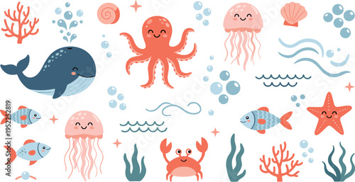 PrintCute cartoon sea animals collection with whale octopus jellyfish crab starfish coral fish bubbles colorful marine life vector setCute cartoon sea animals collection with whale octopus jellyfish c