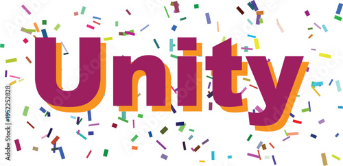 Bold purple Unity text with an orange shadow and vibrant multicolored confetti scattered across a crisp white background