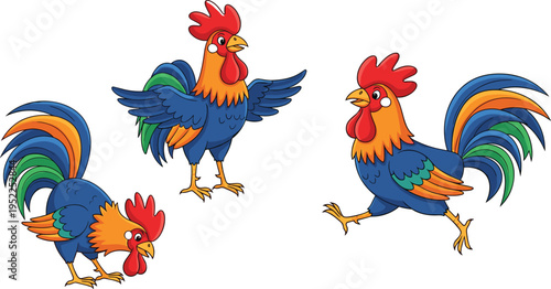 Set of Cute Cartoon Rooster Characters in Poses for Feeding, Running, and Flapping Wings for Childrens Book Illustrations, Educational Farm Projects, and Poultry Graphics