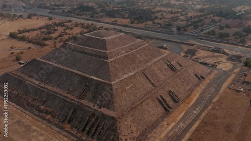 Stunning Aerial View of the Ancient Pyramid of the Sun in Teotihuacán. travel destination and adventurous point. world heritage remains.  