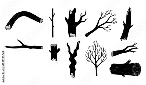 Fotografie Solid silhouette vector set of driftwood and fallen branches for nature and desi