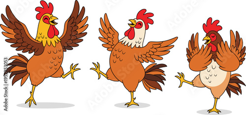 Set of Happy Dancing Rooster Characters with Joyful Expressions for Farm Animal Mascots, Childrens Book Illustrations, Poultry Farm Branding, and Rural Lifestyle Vector Designs