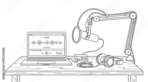 Digital Podcast Recording Studio Setup with Professional Audio Equipment and Laptop