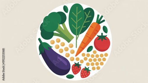 Vibrant illustration of mixed vegetables and fruits with grains on a white circle background