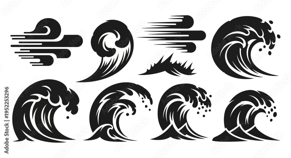 Fototapeta premium Black wave designs in various styles on transparent background silhouette