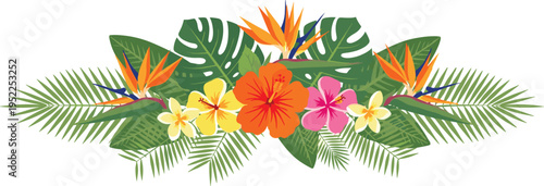 Tropical Floral Border Vector with Hibiscus Bird of Paradise and Monstera Leaves for Summer Party Headers Exotic Vacation Banners and Botanical Island Graphic Designs