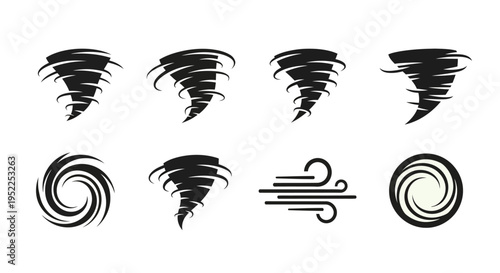 Collection of swirling vortexes and wind graphics on transparent background silhouette