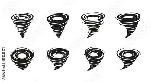 Eight swirling tornado icons in varied designs on transparent background silhouette