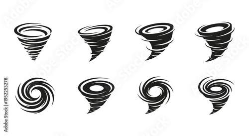 Eight black tornado silhouettes with swirling designs on transparent background