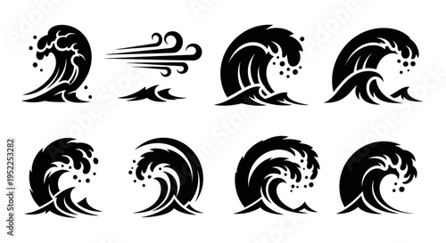 Collection of black wave designs with spray a beautiful silhouette on transparent background