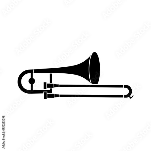 A striking black silhouette depicts a brass trombone showcasing its curved design silhouette