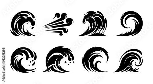 Collection of black wave shapes and water splashes on transparent background silhouette