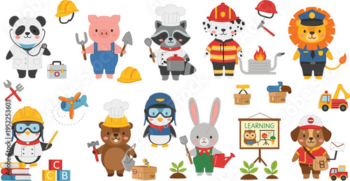 Cute cartoon animals in professional career uniforms set including doctor firefighter police officer chef builder and pilot vector illustration isolated on white background.Cute cartoon animals in pro