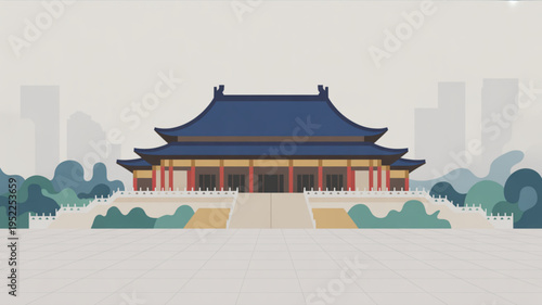 Traditional asian temple building with blue roof and red pillars in serene garden landscape with cityscape background